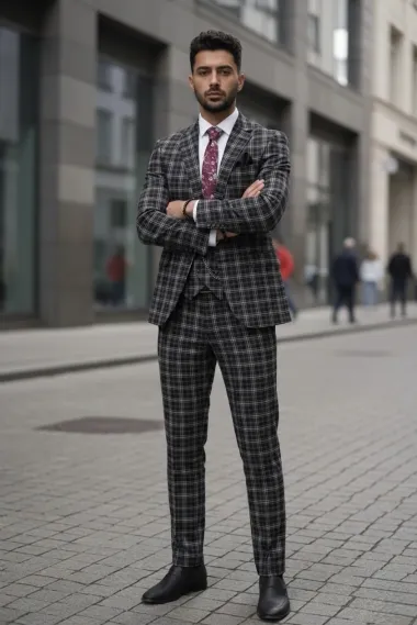 Costum barbati slim fit negru in carouri B7916 124